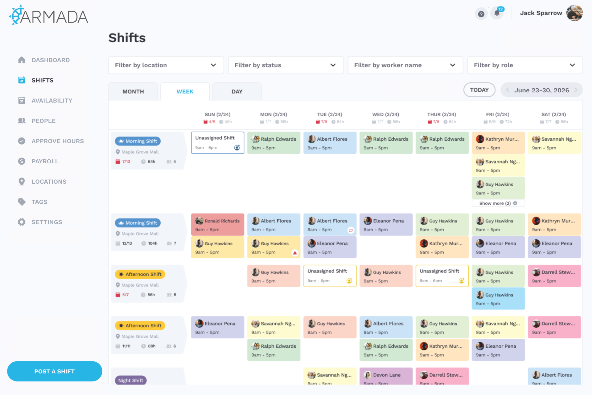 Armada schedule dashboard showing a fully staffed week view with shifts assigned across the team