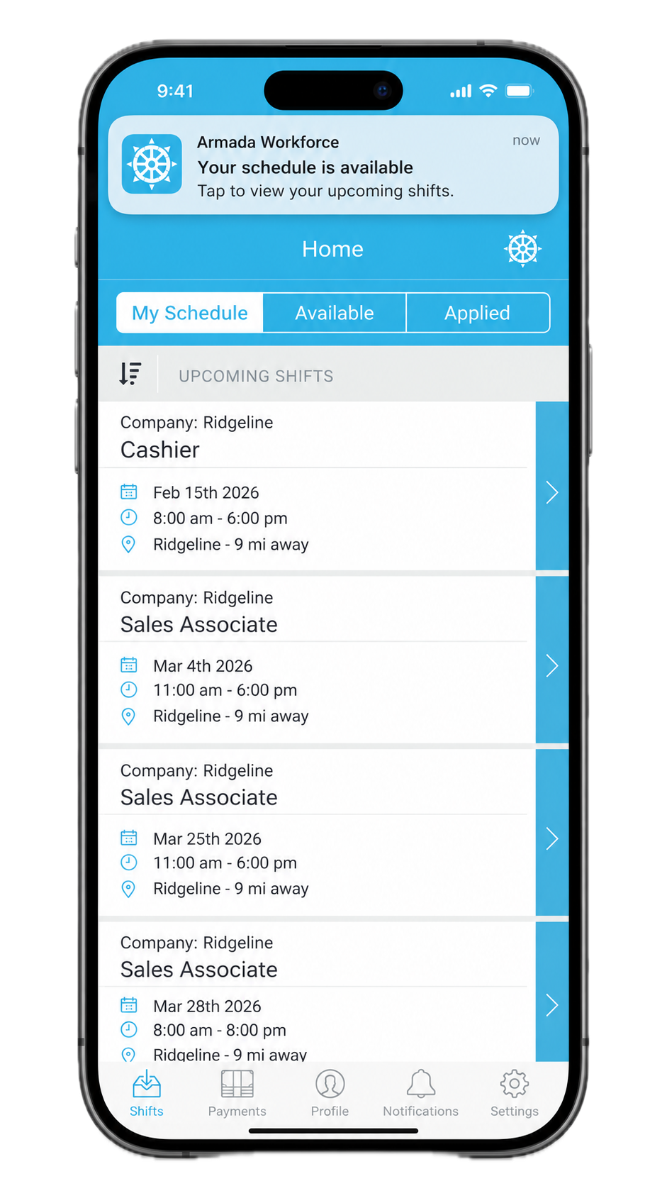 Armada Workforce mobile app showing a shift notification and upcoming shifts