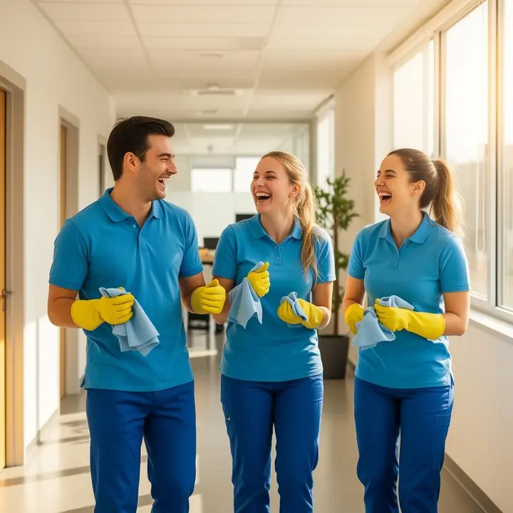 Cleaning crew in blue uniforms laughing together in a bright hallway