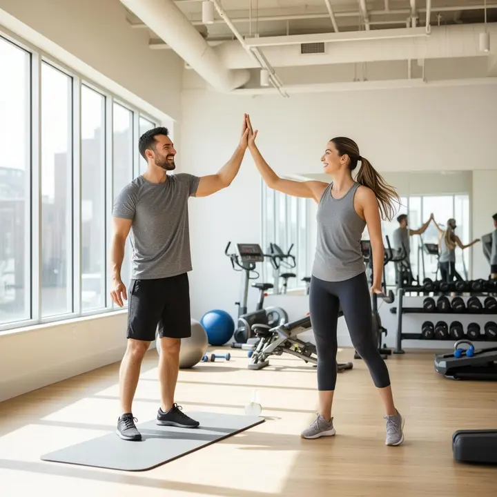 Fitness trainer high-fiving a client in a bright modern gym studio