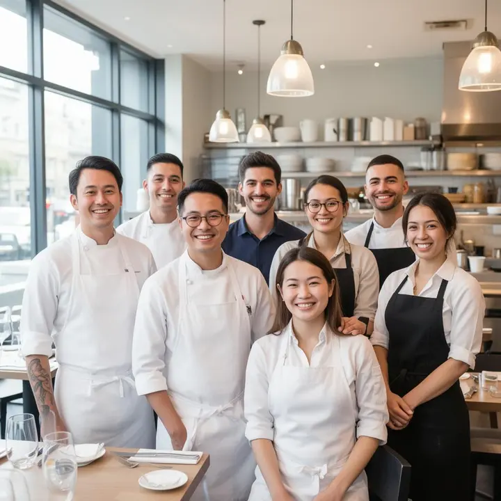 Smiling restaurant team standing together in a bright modern kitchen