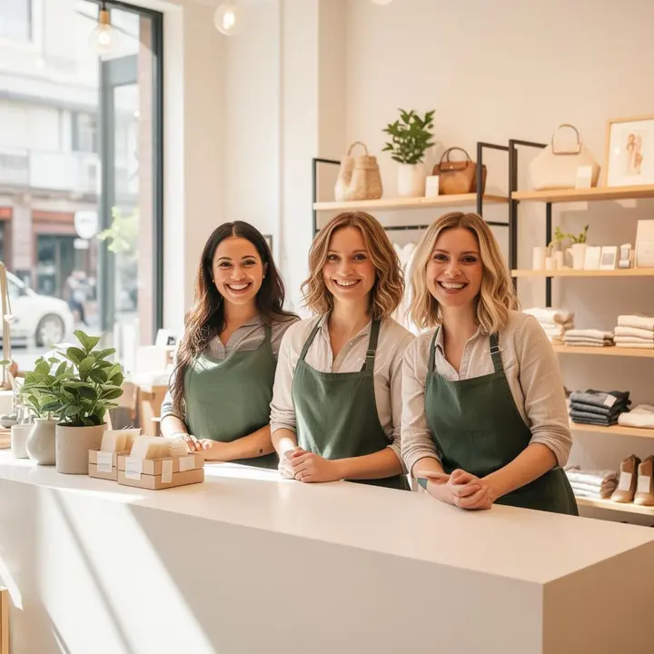 Friendly retail associates smiling behind the counter of a boutique shop