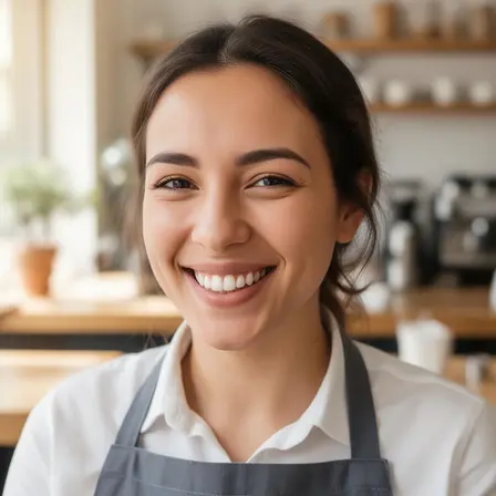 Smiling small business owner in apron at her cafe counter